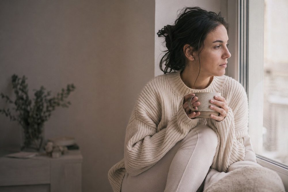 A woman in a cream sweater sits by a window in early morning light, holding a mug, looking out
