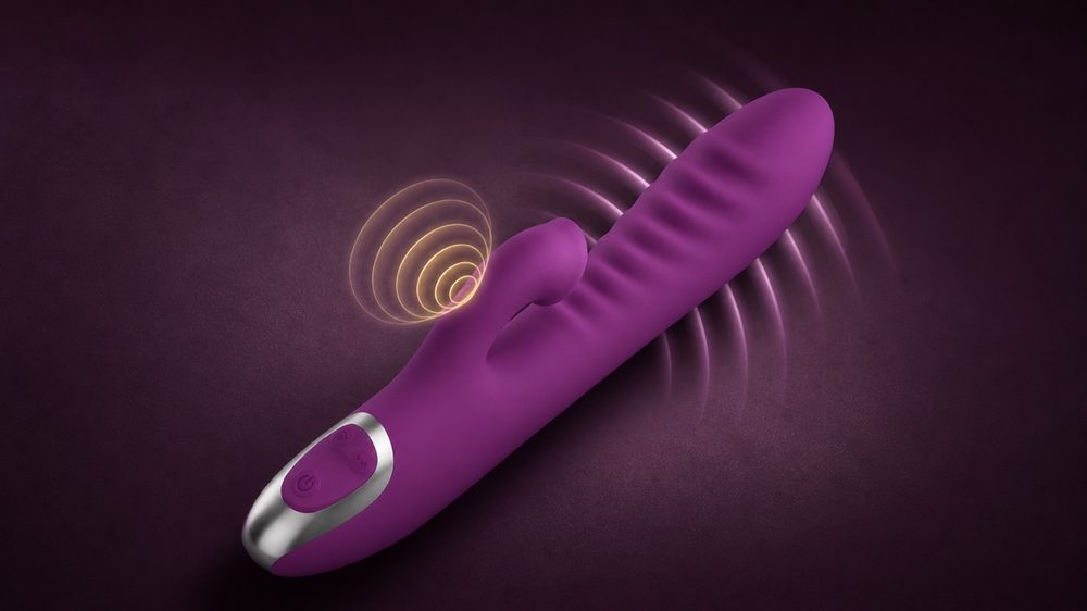 Miavelle Bloom shown with focused air-pulse rings at the suction mouth and broader vibration waves along the ridged shaft